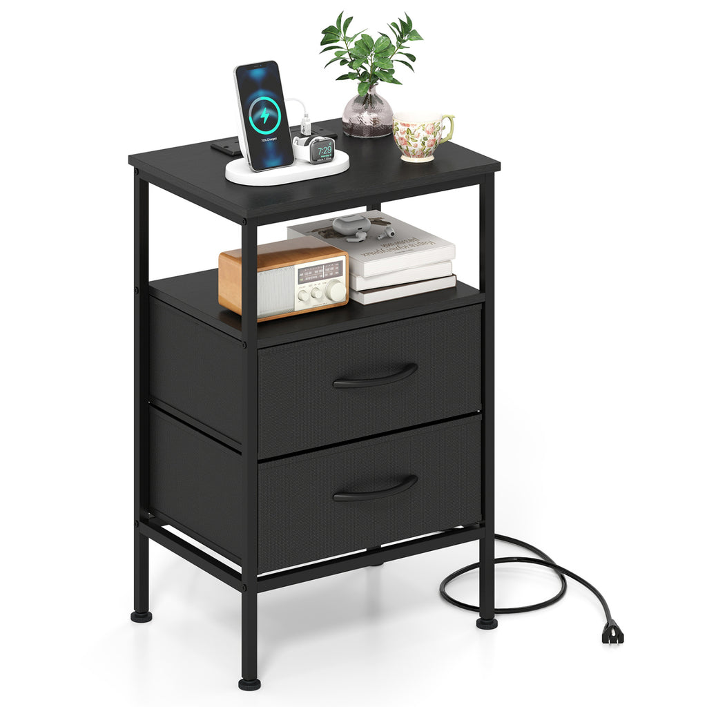 Nightstand with Charging Station 24.5" - Black, 2 Fabric Drawers