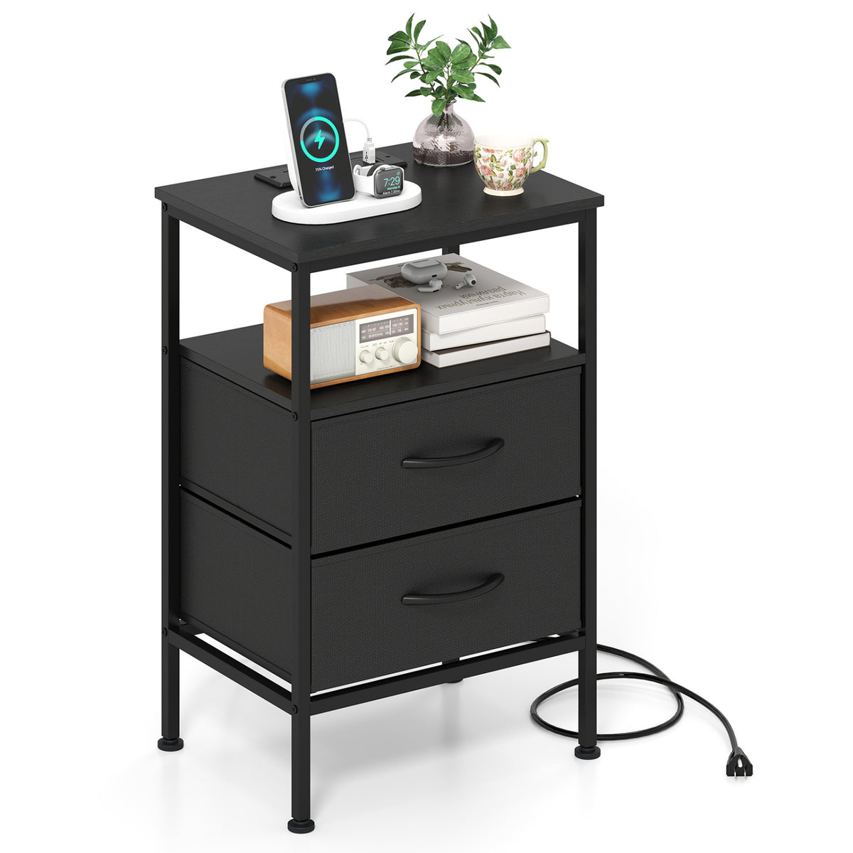 Nightstand with Charging Station 24.5" - Black, 2 Fabric Drawers