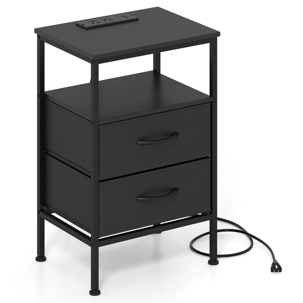 Nightstand with Charging Station 24.5" - Black, 2 Fabric Drawers