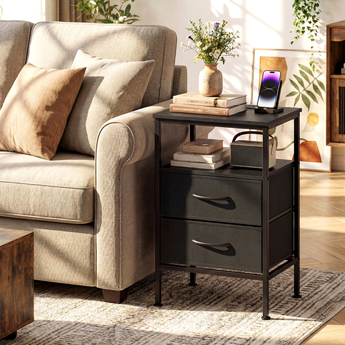 Nightstand with Charging Station 24.5" - Black, 2 Fabric Drawers