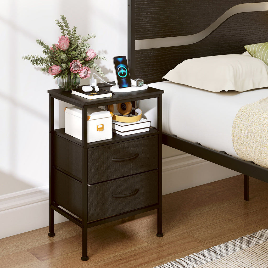 Nightstand with Charging Station 24.5" - Black, 2 Fabric Drawers
