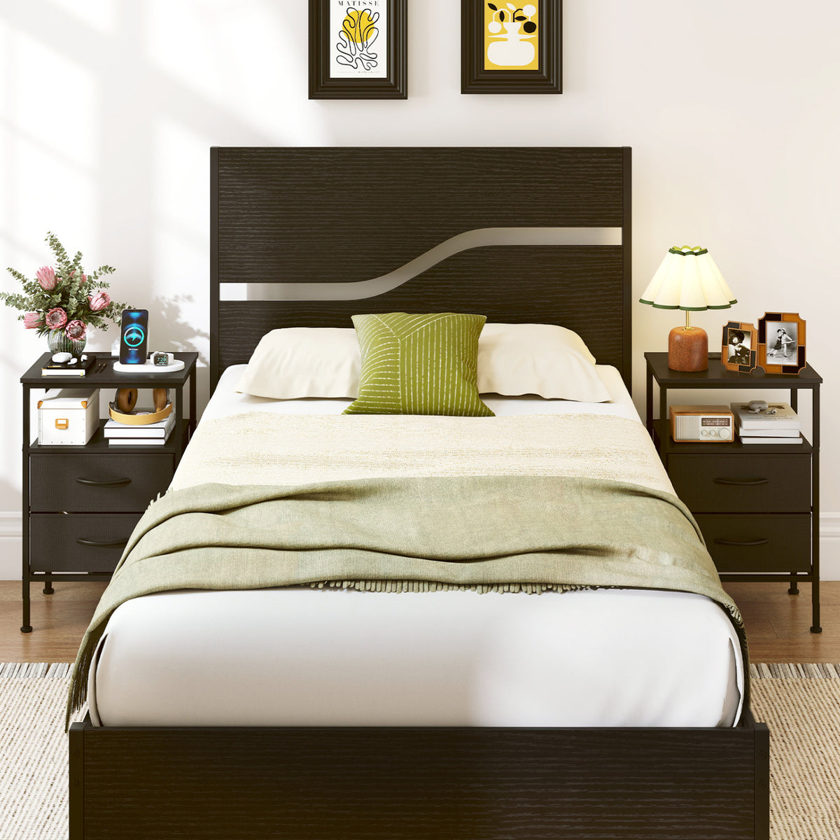 Nightstand with Charging Station 24.5" - Black, 2 Fabric Drawers