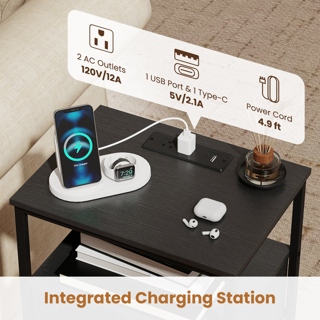 Nightstand with Charging Station 24.5" - Black, 2 Fabric Drawers