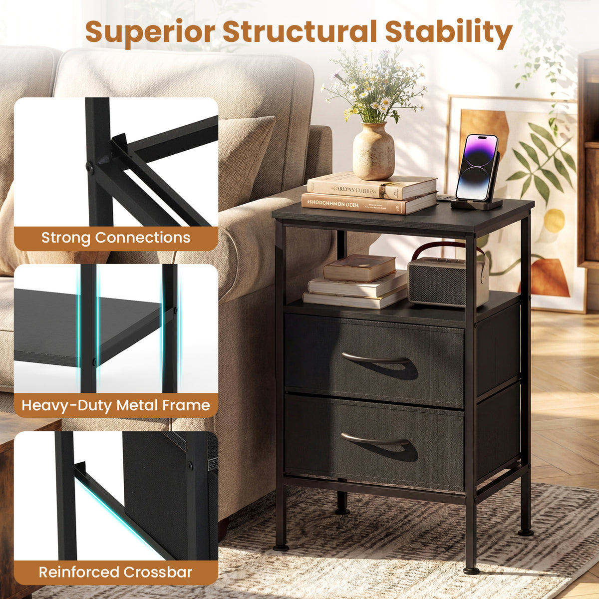 Nightstand with Charging Station 24.5" - Black, 2 Fabric Drawers
