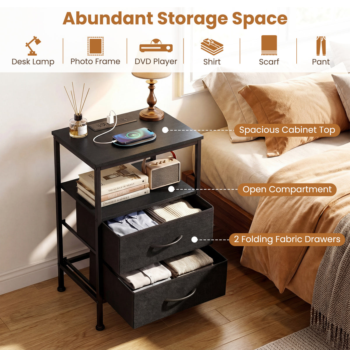 Nightstand with Charging Station 24.5" - Black, 2 Fabric Drawers
