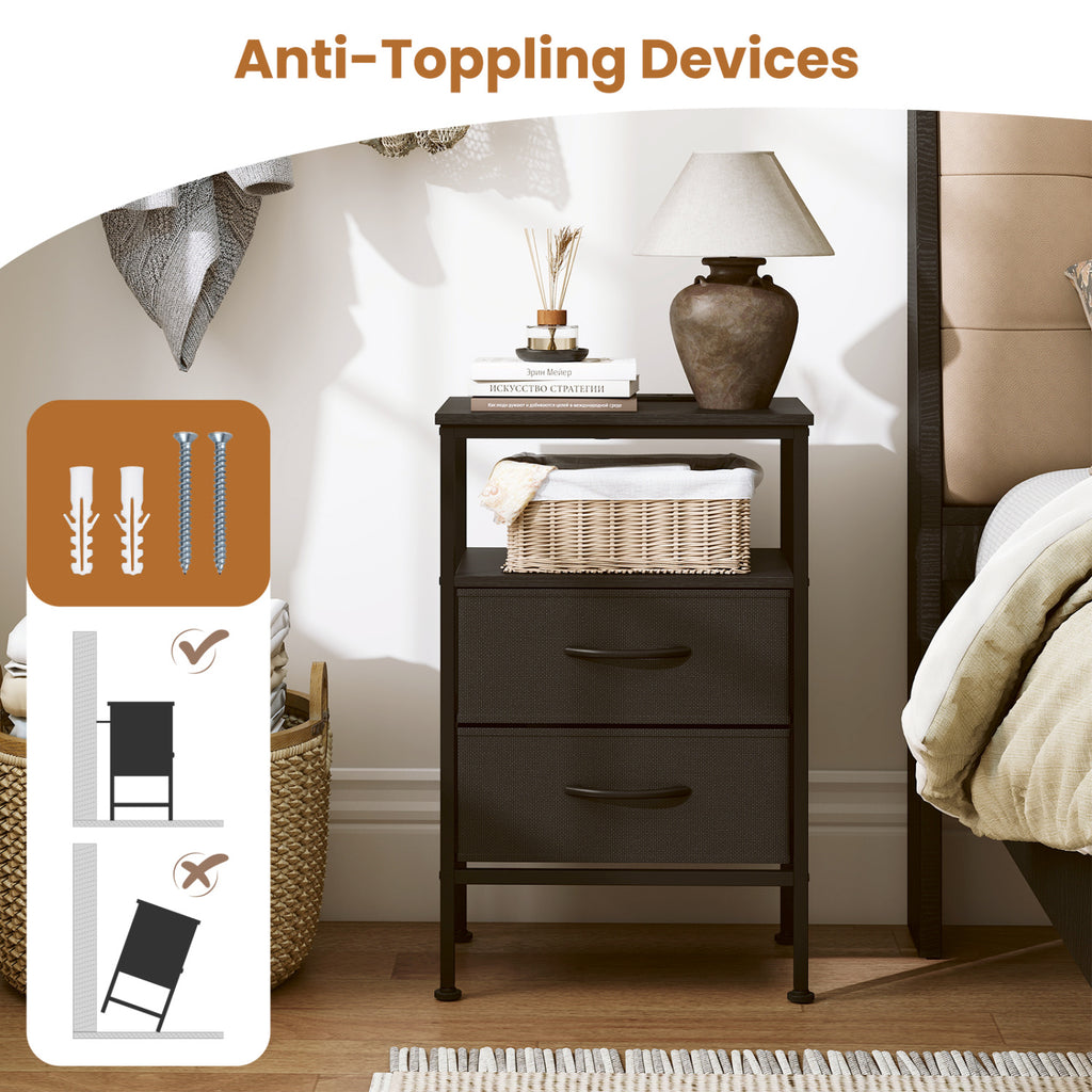 Nightstand with Charging Station 24.5" - Black, 2 Fabric Drawers