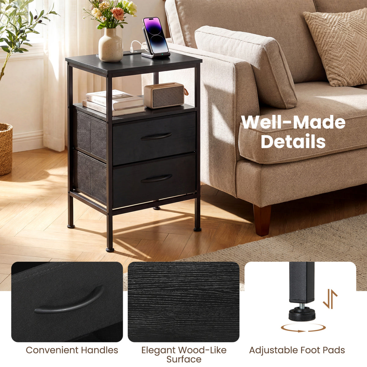 Nightstand with Charging Station 24.5" - Black, 2 Fabric Drawers
