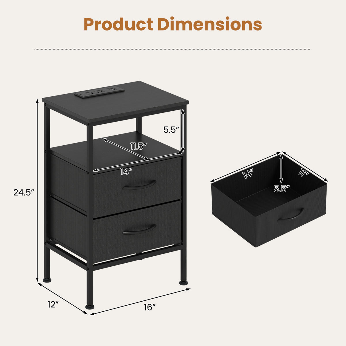 Nightstand with Charging Station 24.5" - Black, 2 Fabric Drawers