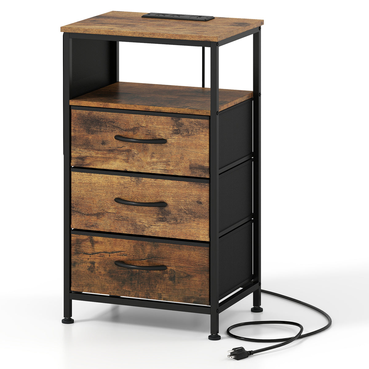 Nightstand with Charging Station 27.5" - Rustic Brown with 3 Drawers