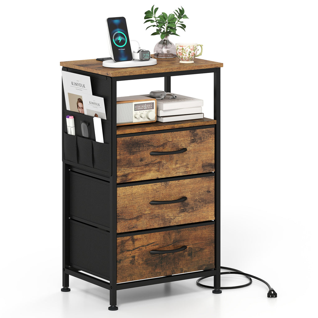 Nightstand with Charging Station 27.5" - Rustic Brown with 3 Drawers