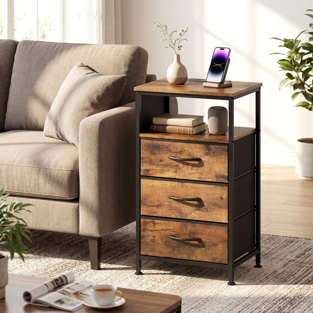Nightstand with Charging Station 27.5" - Rustic Brown with 3 Drawers