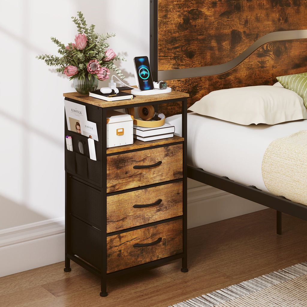 Nightstand with Charging Station 27.5" - Rustic Brown with 3 Drawers