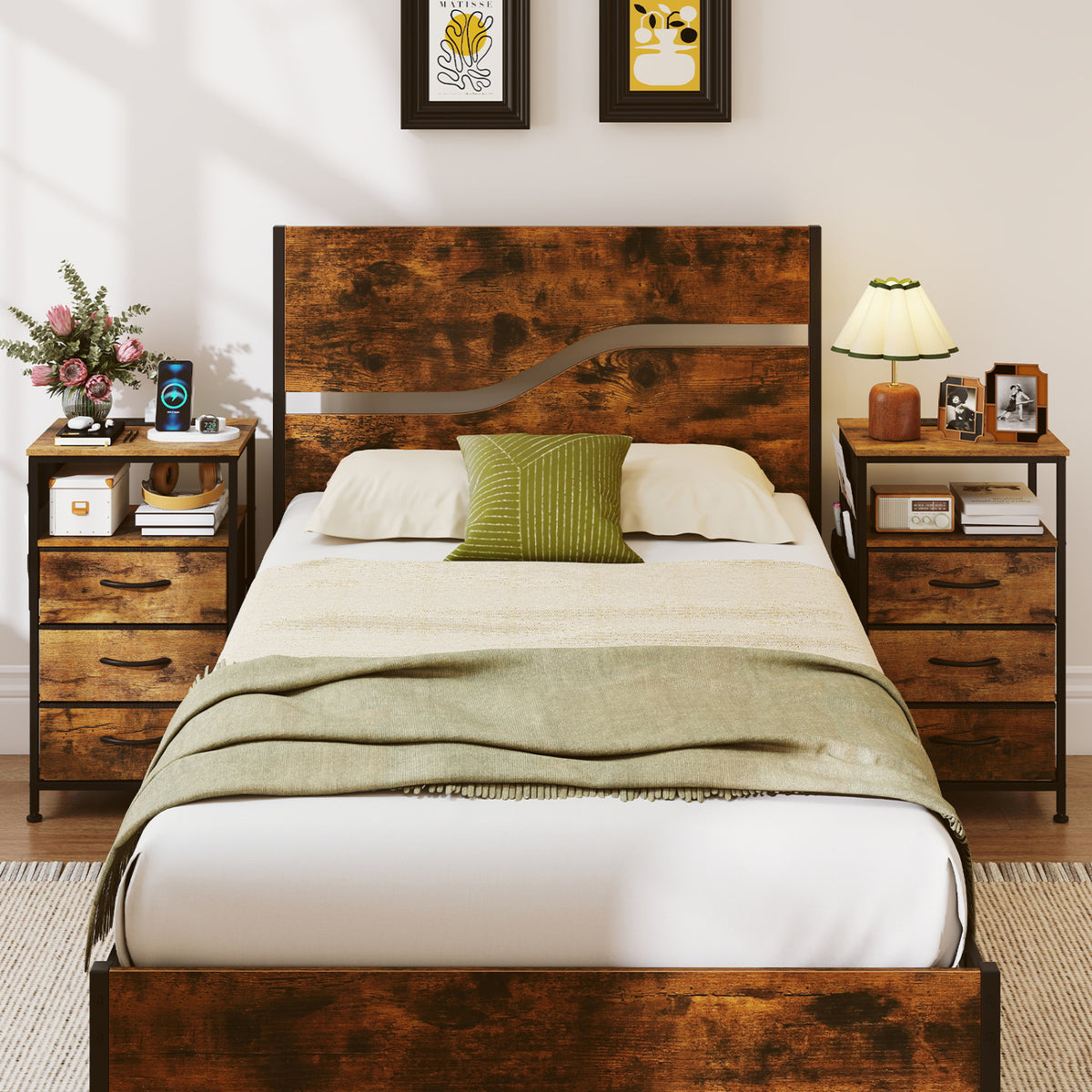 Nightstand with Charging Station 27.5" - Rustic Brown with 3 Drawers