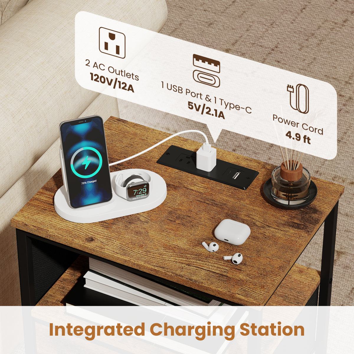 Nightstand with Charging Station 27.5" - Rustic Brown with 3 Drawers
