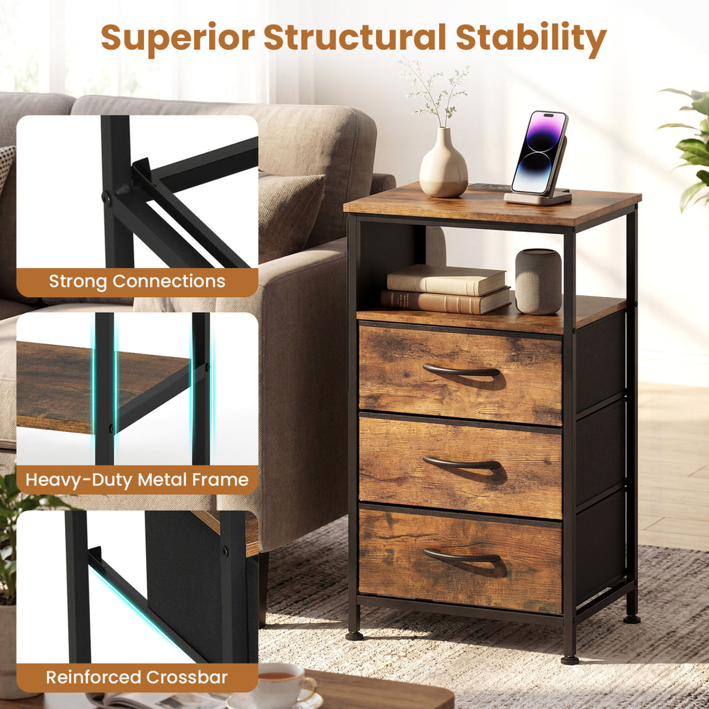 Nightstand with Charging Station 27.5" - Rustic Brown with 3 Drawers