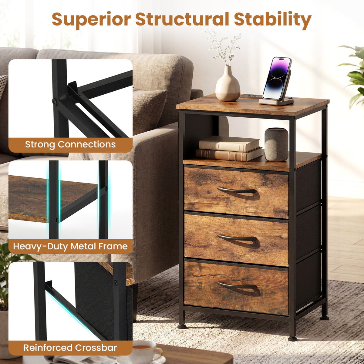 Nightstand with Charging Station 27.5" - Rustic Brown with 3 Drawers
