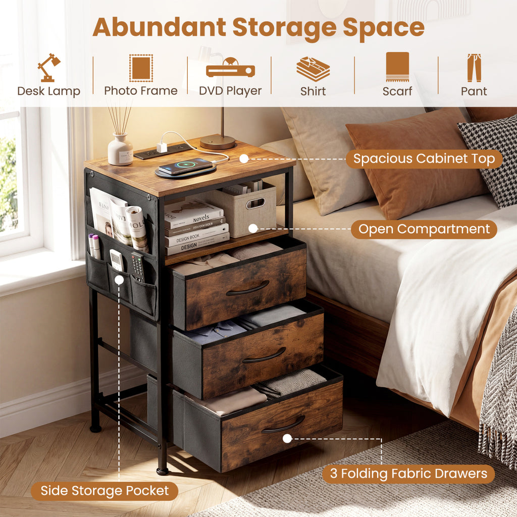 Nightstand with Charging Station 27.5" - Rustic Brown, 3 Drawers