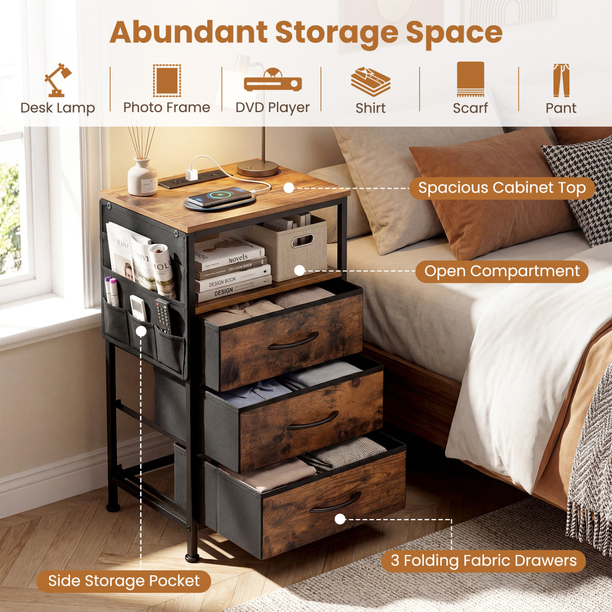 Nightstand with Charging Station 27.5" - Rustic Brown, 3 Drawers