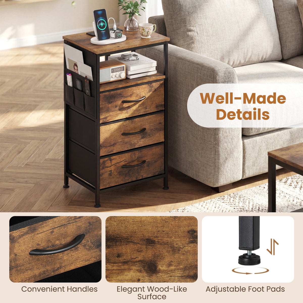 Nightstand with Charging Station 27.5" - Rustic Brown with 3 Drawers