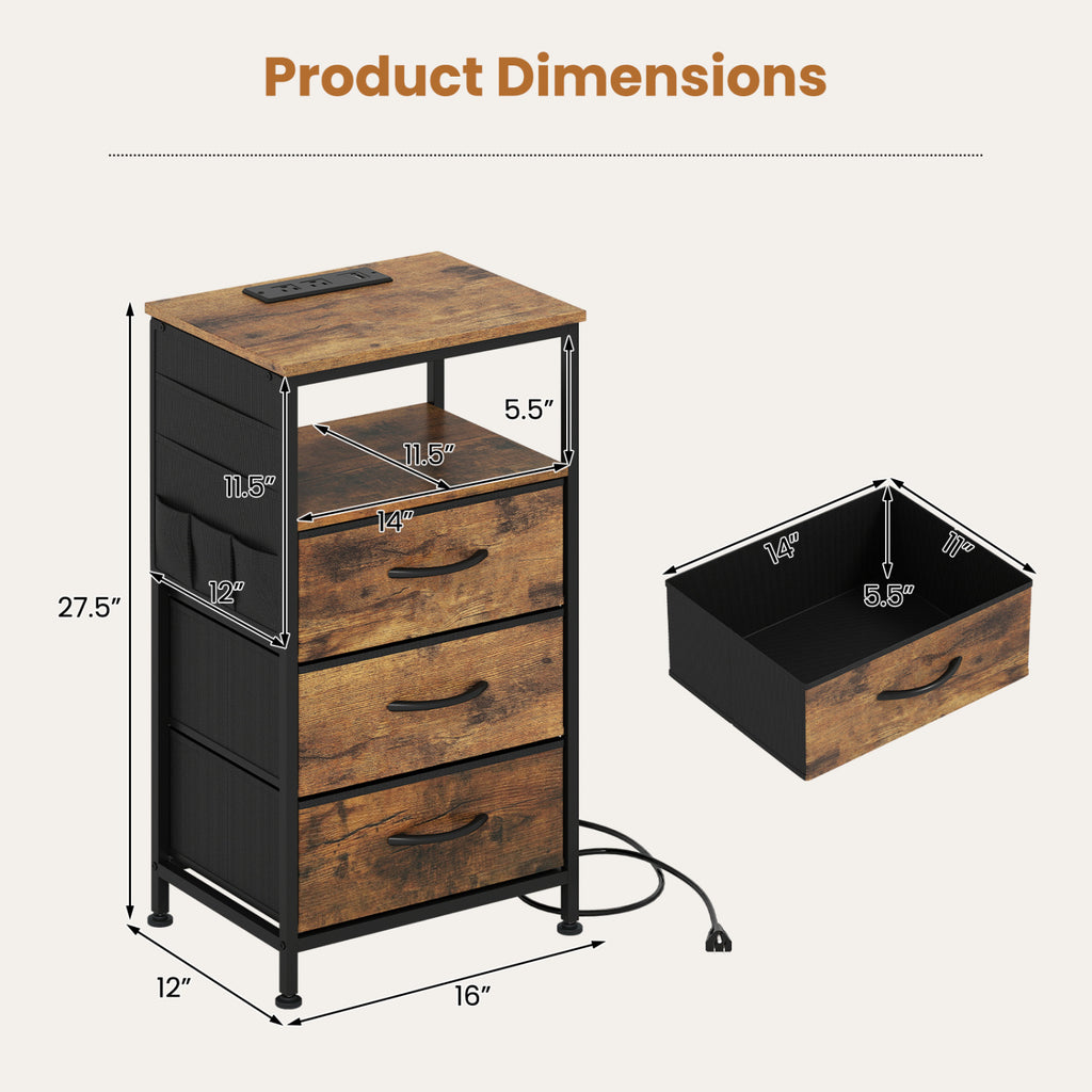 Nightstand with Charging Station 27.5" - Rustic Brown with 3 Drawers