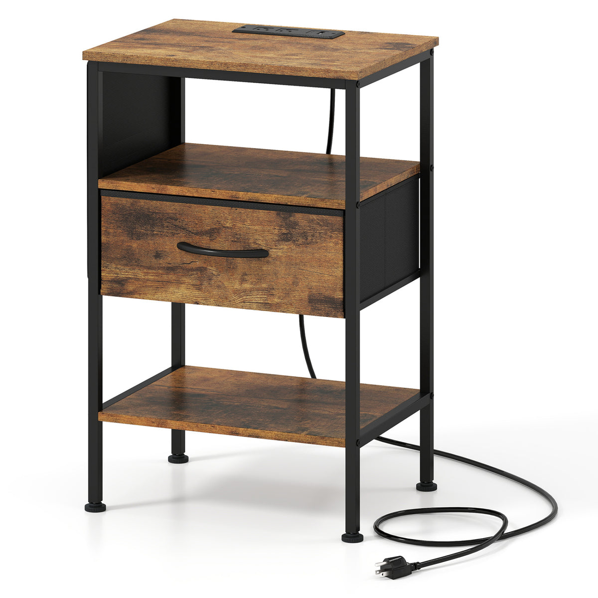 Nightstand with Charging Station 24.5" - Rustic Brown Fabric Drawer