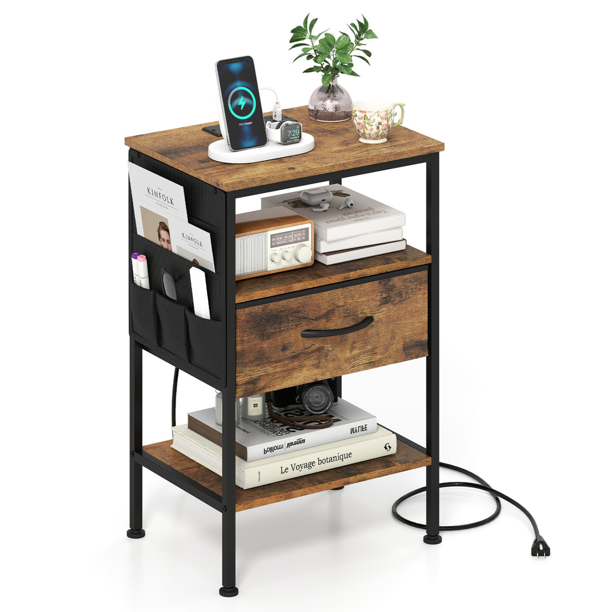 Nightstand with Charging Station 24.5" - Rustic Brown Fabric Drawer