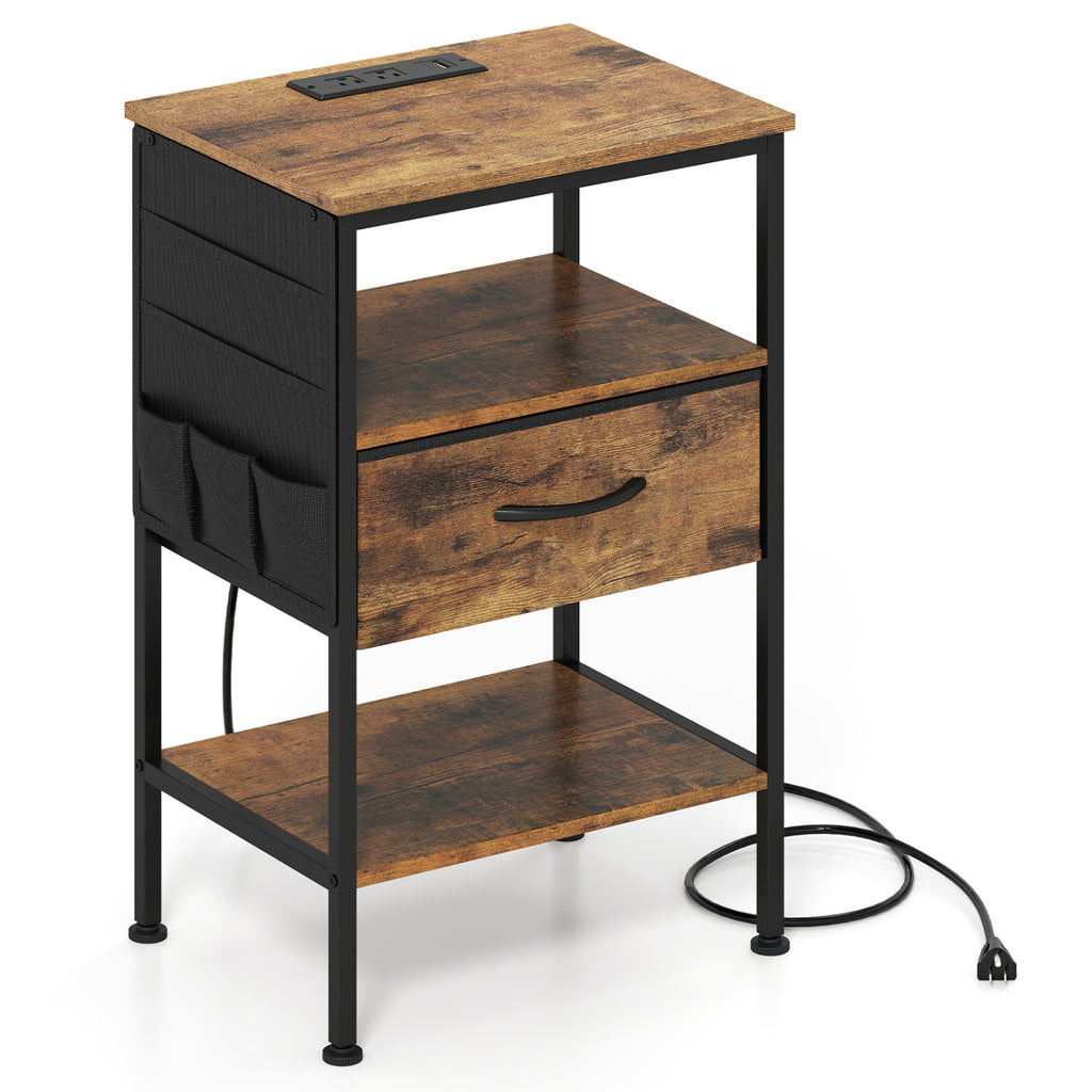 Nightstand with Charging Station 24.5" - Rustic Brown Fabric Drawer