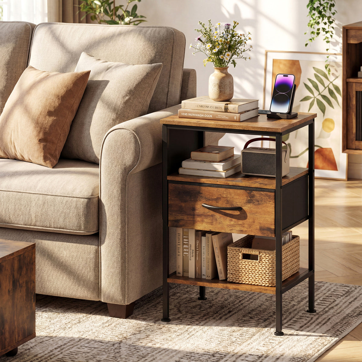 Nightstand with Charging Station 24.5" - Rustic Brown Fabric Drawer
