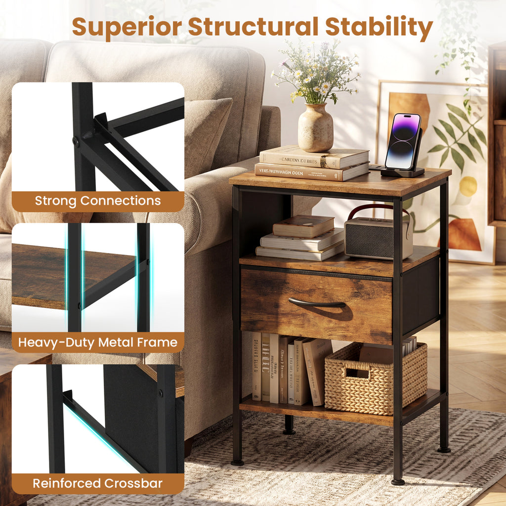 Nightstand with Charging Station 24.5" - Rustic Brown Fabric Drawer