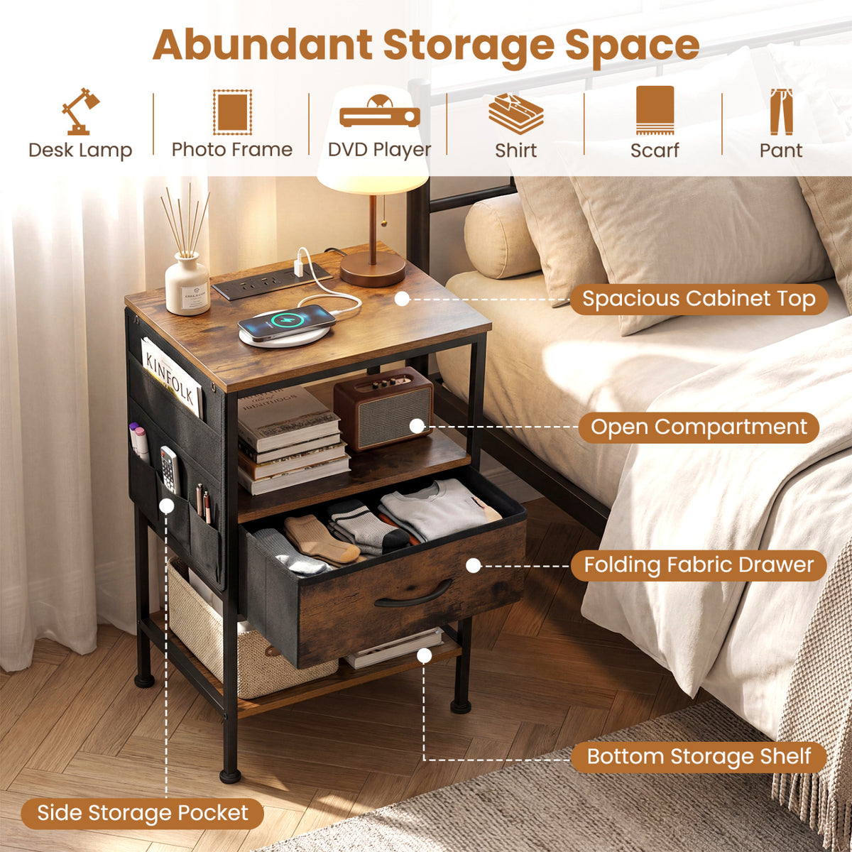 Nightstand with Charging Station 24.5" - Rustic Brown Fabric Drawer
