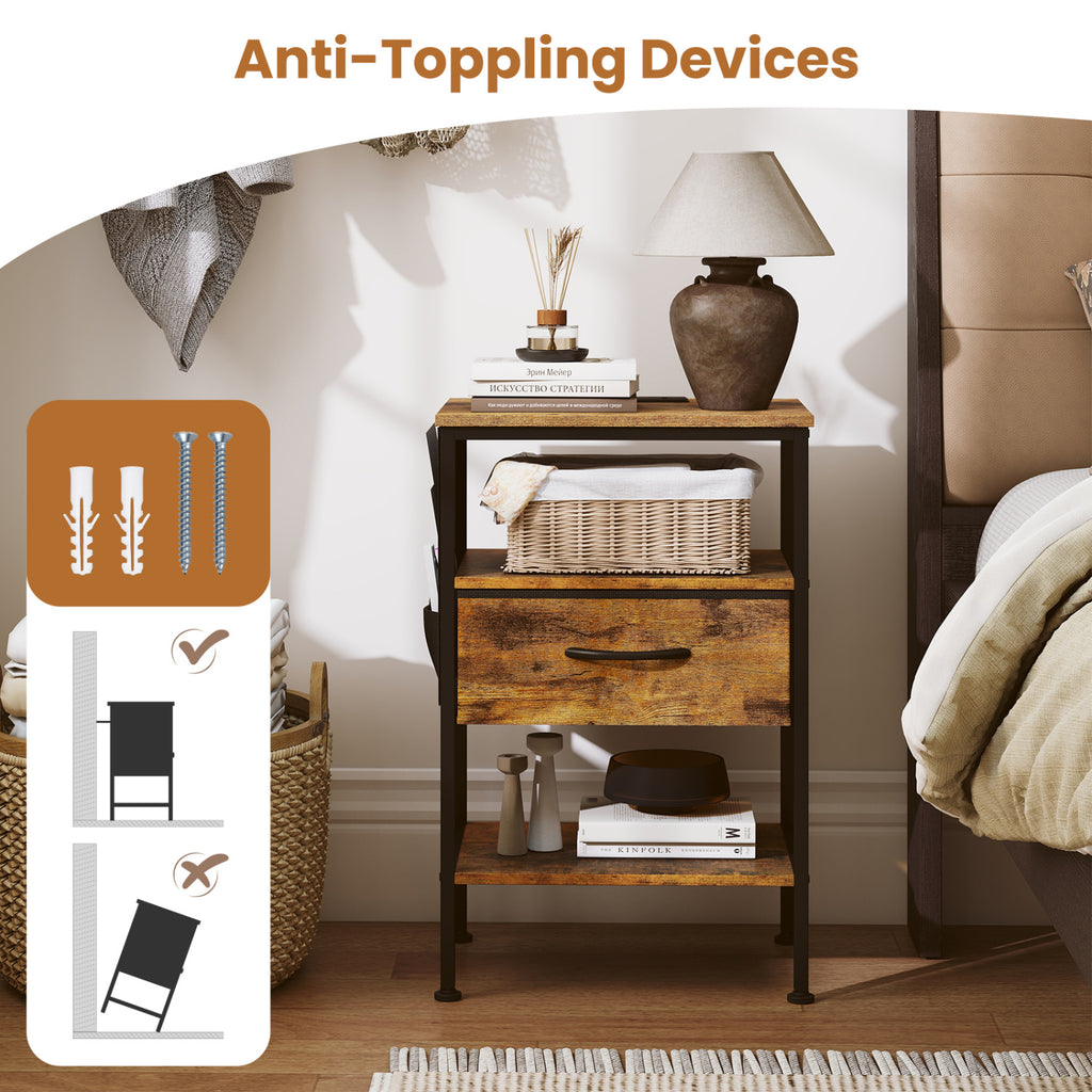 Nightstand with Charging Station 24.5" - Rustic Brown Fabric Drawer