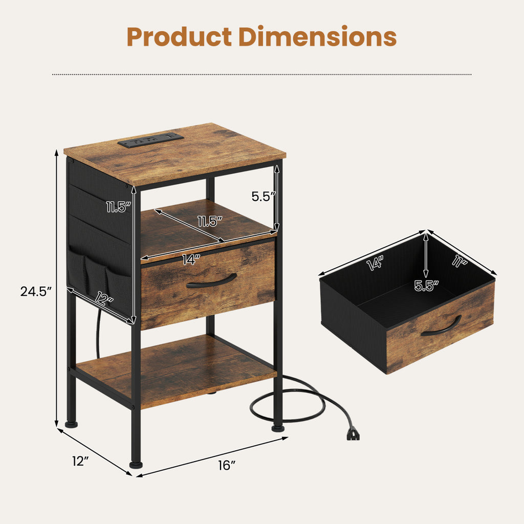 Nightstand with Charging Station 24.5" - Rustic Brown Fabric Drawer
