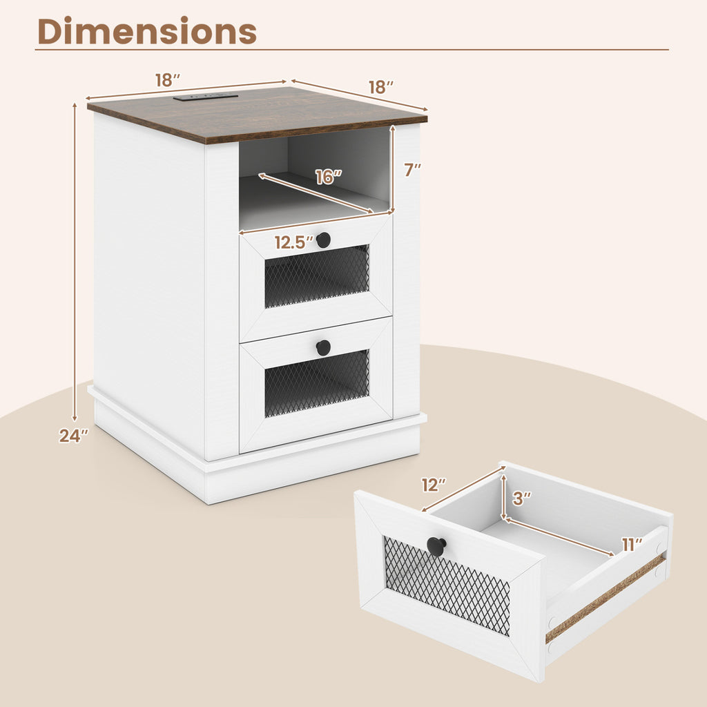 Nightstand with Charging Station and 2 Drawers - Rustic Brown