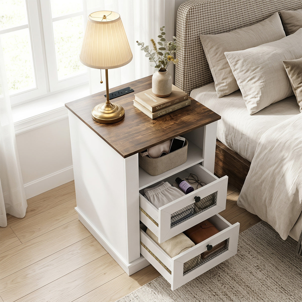 Nightstand with Charging Station & 2 Drawers - Rustic Brown