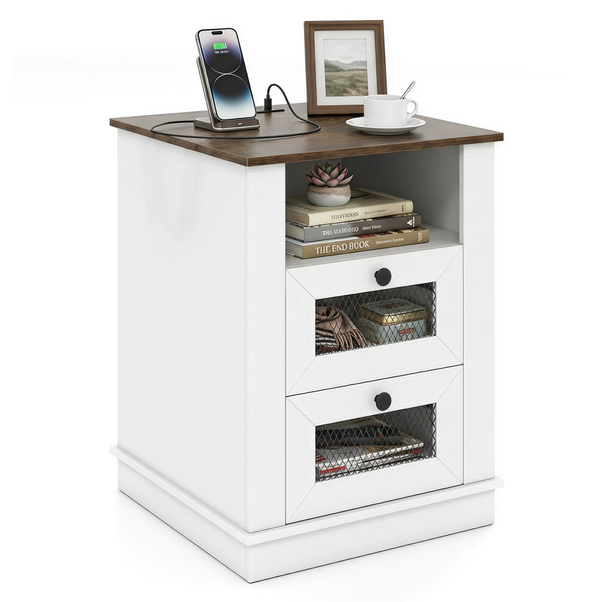Nightstand with Charging Station and 2 Drawers - Rustic Brown