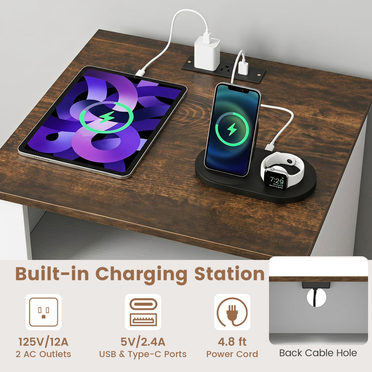 Nightstand with Charging Station & 2 Drawers - Rustic Brown