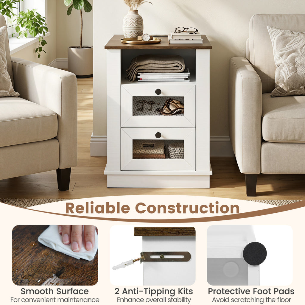 Nightstand with Charging Station & 2 Drawers - Rustic Brown
