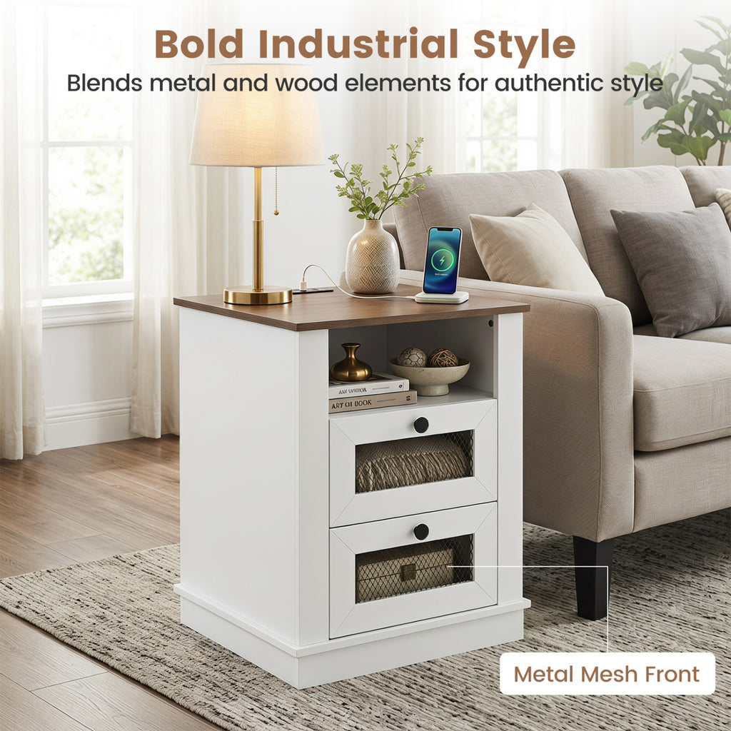 Nightstand with Charging Station and 2 Drawers - Rustic Brown