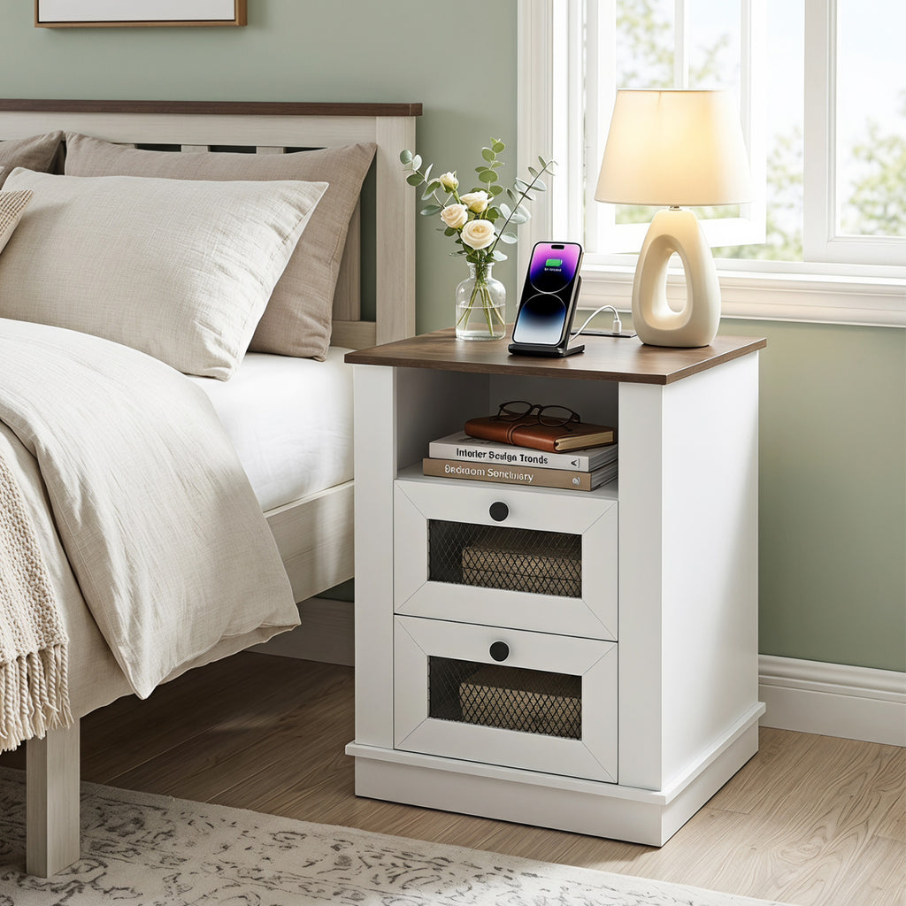 Nightstand with Charging Station & 2 Drawers - Rustic Brown