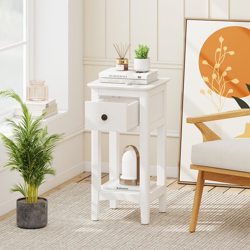 3-Tier Nightstand with Drawer and Open Storage Shelf, White