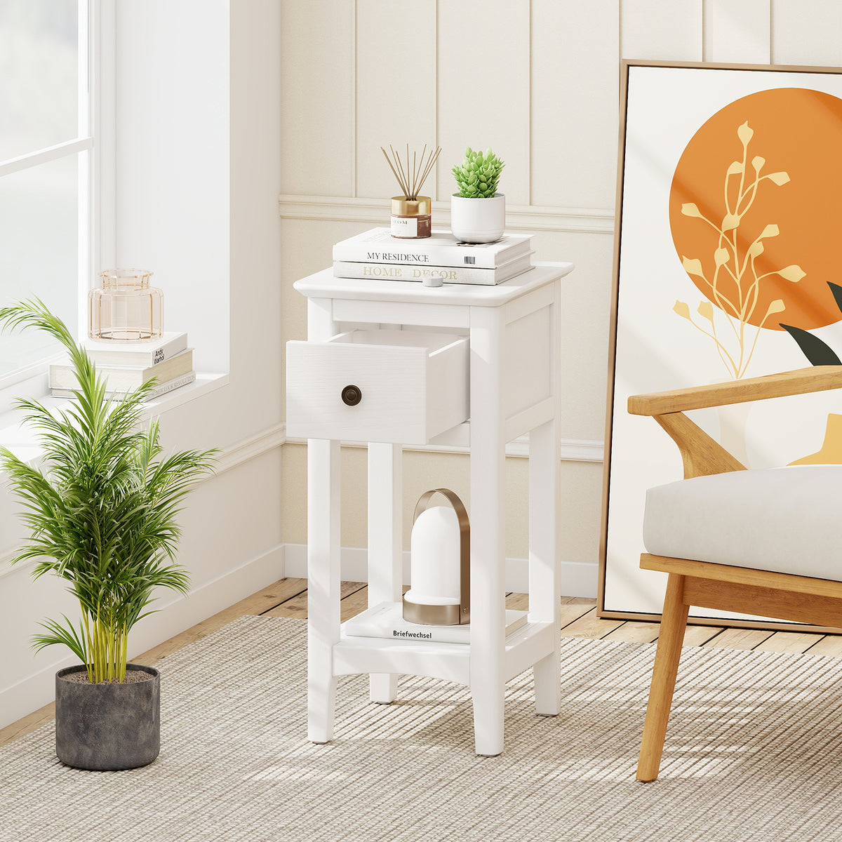 3-Tier Nightstand with Drawer and Open Storage Shelf, White