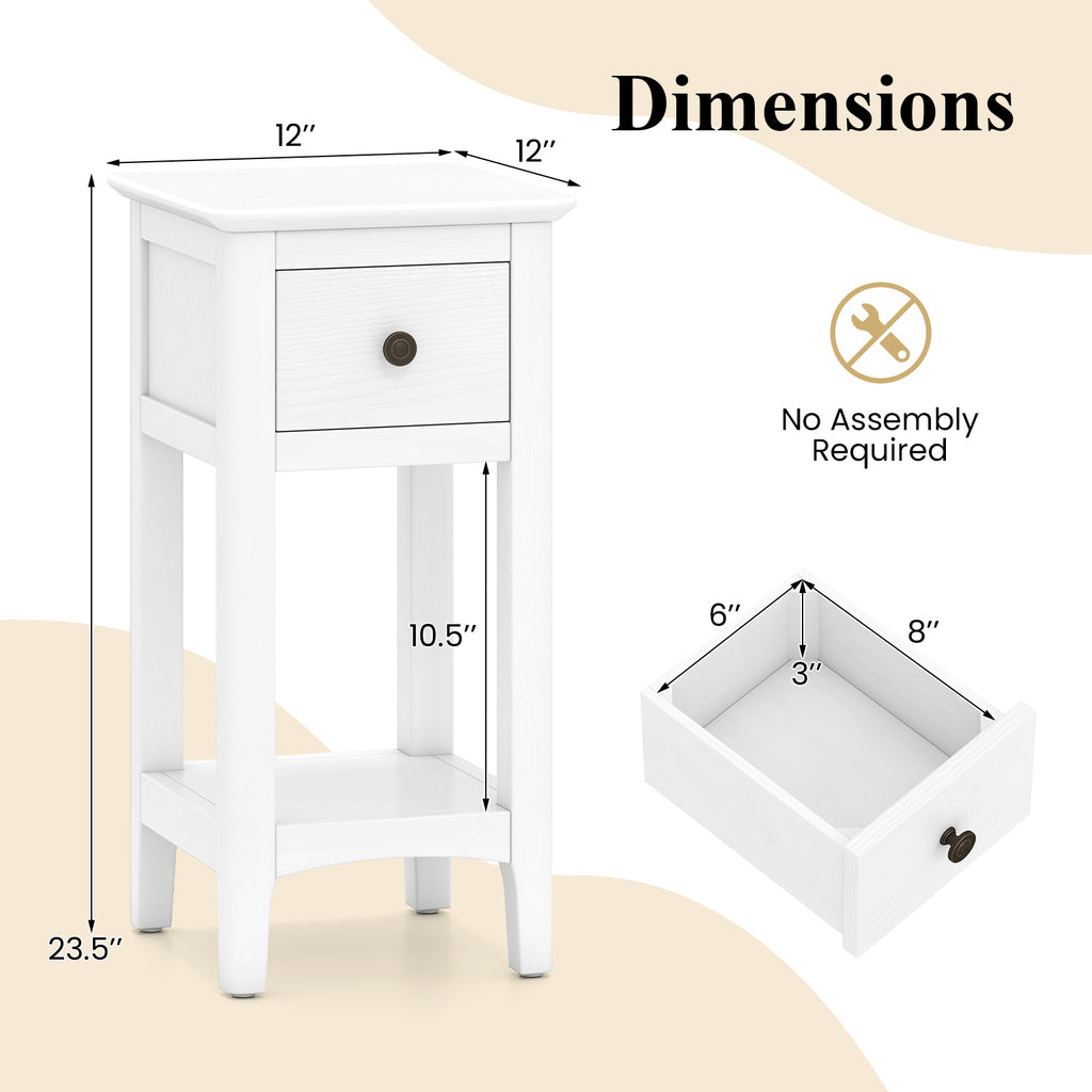 3-Tier Nightstand with Drawer and Open Storage Shelf, White