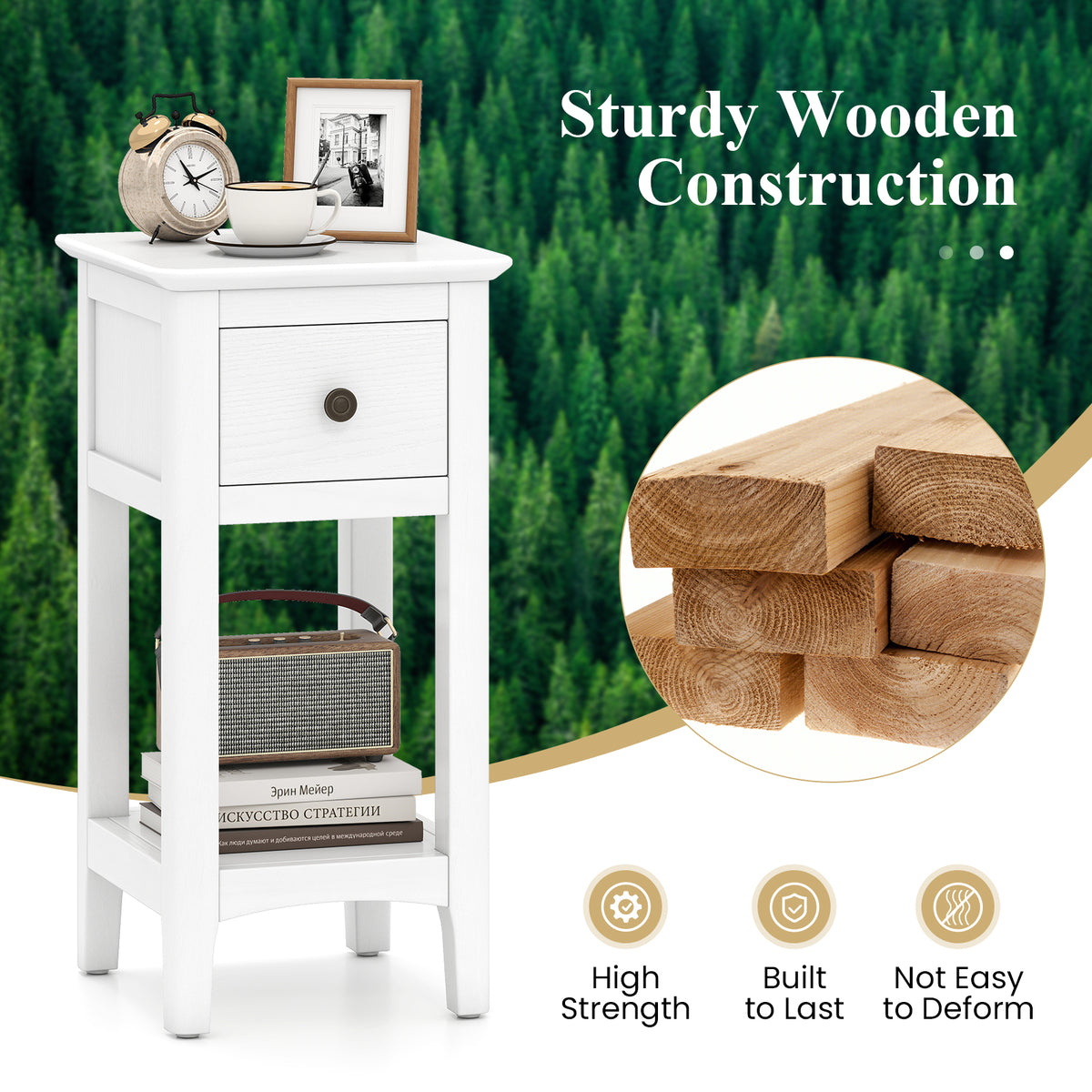 3-Tier Nightstand with Drawer and Open Storage Shelf, White