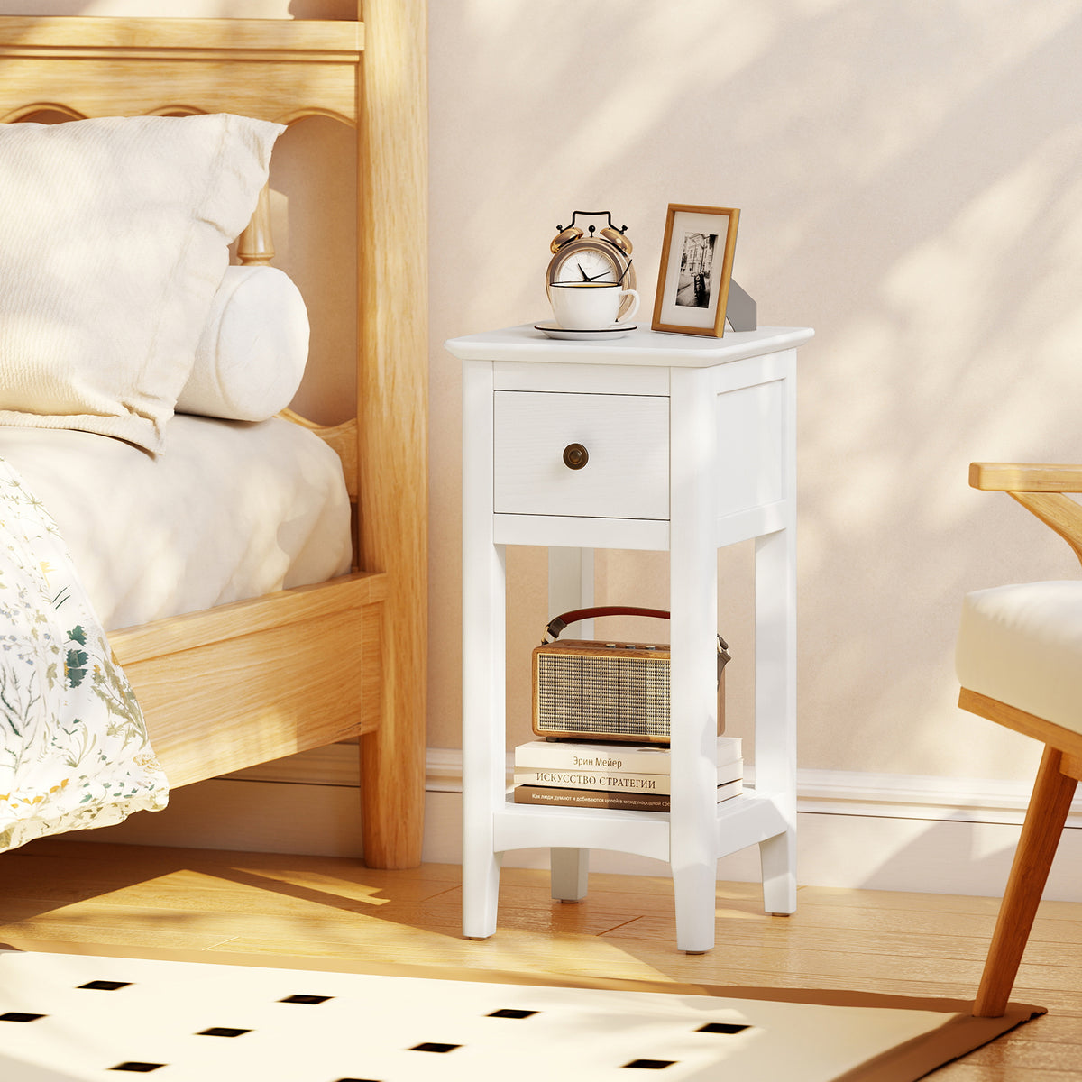 3-Tier Nightstand with Drawer and Open Storage Shelf, White