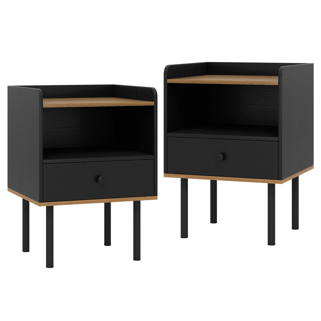 Nightstand Side Table with Drawer - Set of 2, Black