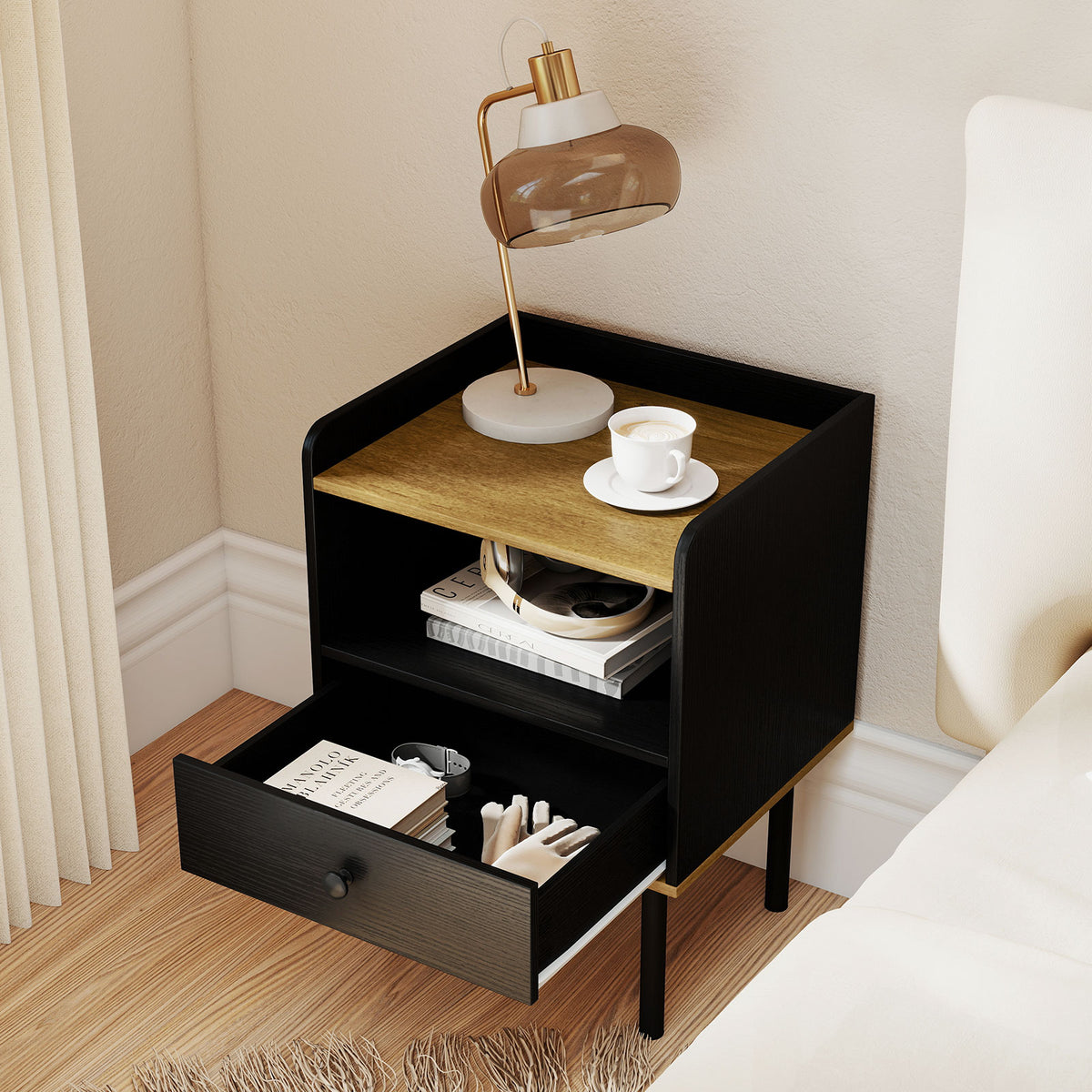 3-Tier Nightstand with Drawer and Shelf - Black