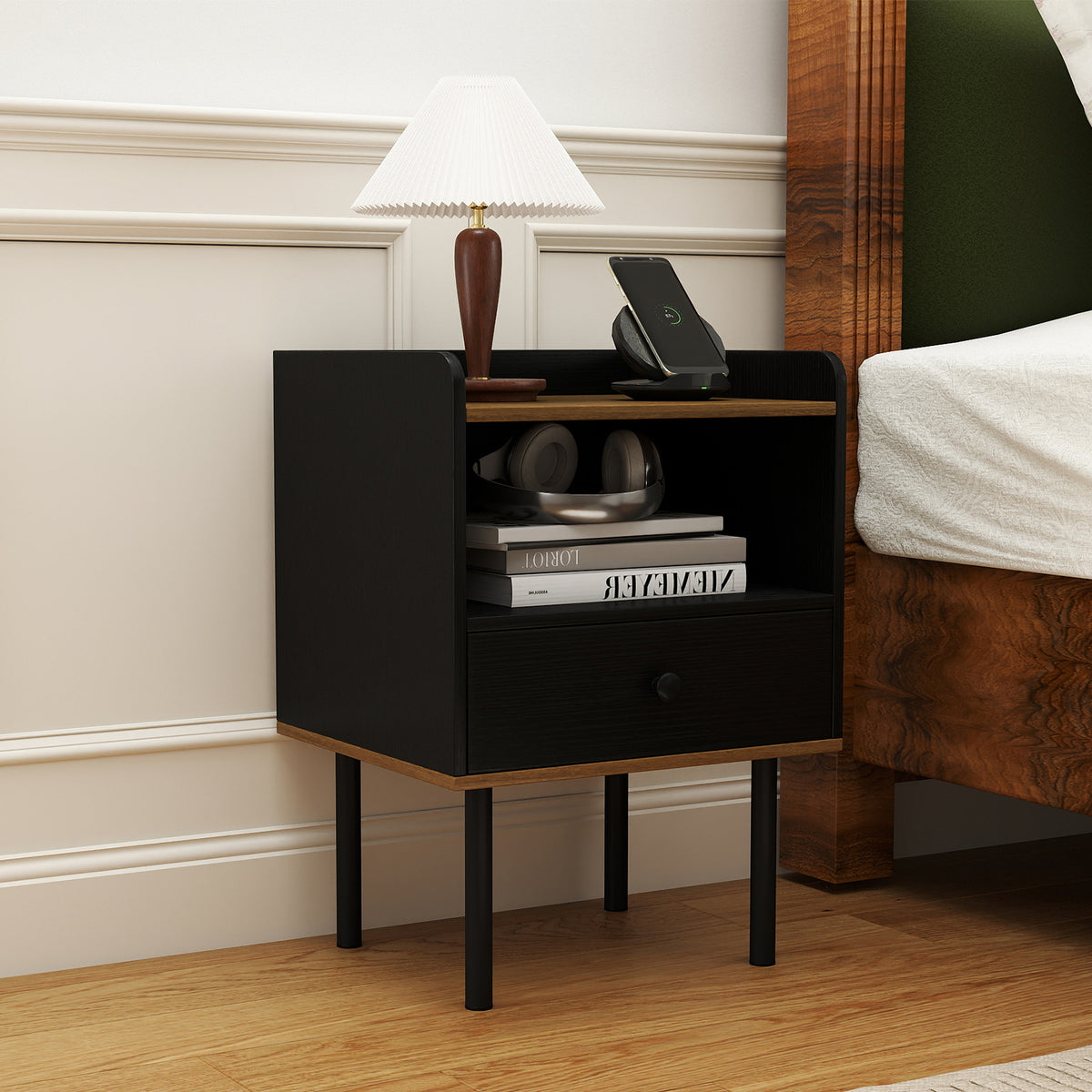 3-Tier Nightstand with Drawer and Shelf - Black