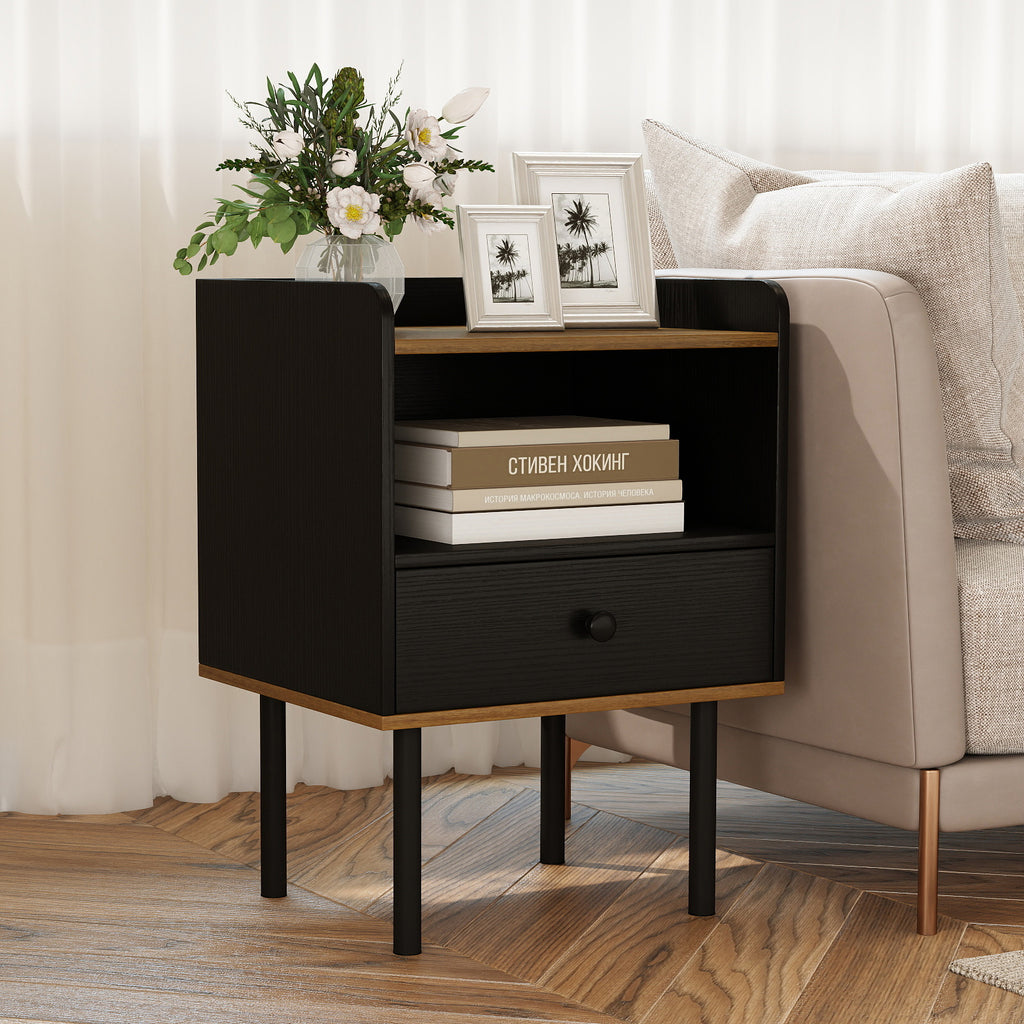 3-Tier Nightstand with Drawer and Shelf - Black