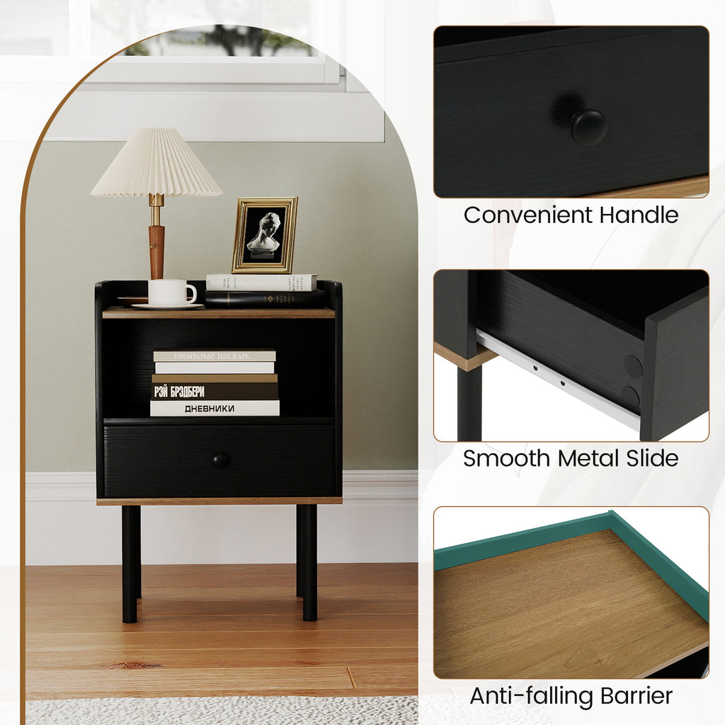 3-Tier Nightstand with Drawer and Shelf - Black
