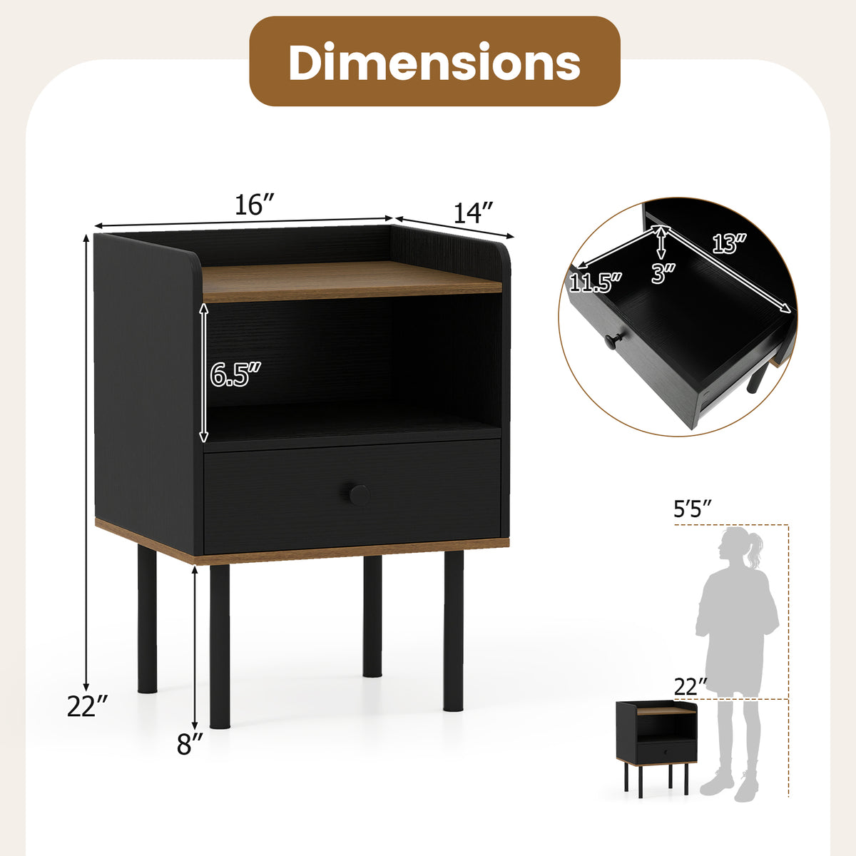 Nightstand Side Table with Drawer - Set of 2, Black
